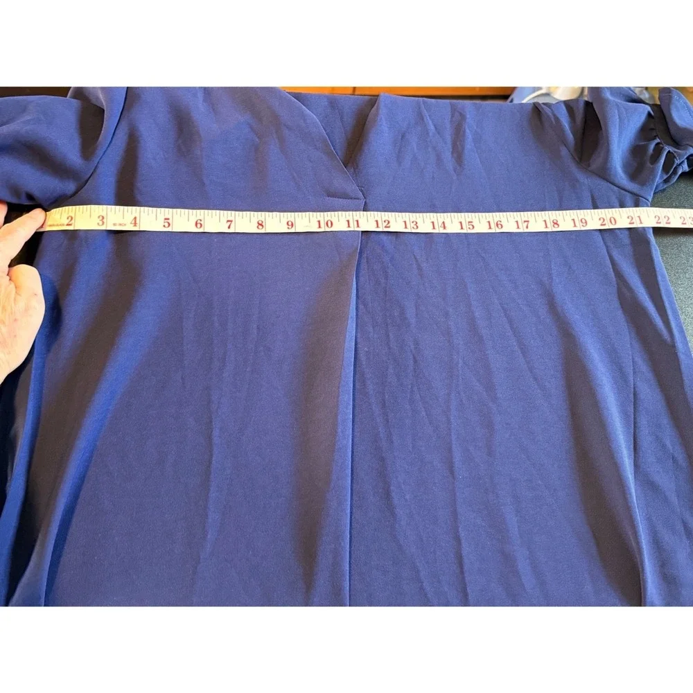 Womens Navy Blue‎ Split Neck Shift Dress Short Puff Ruffle Sleeve Size Large